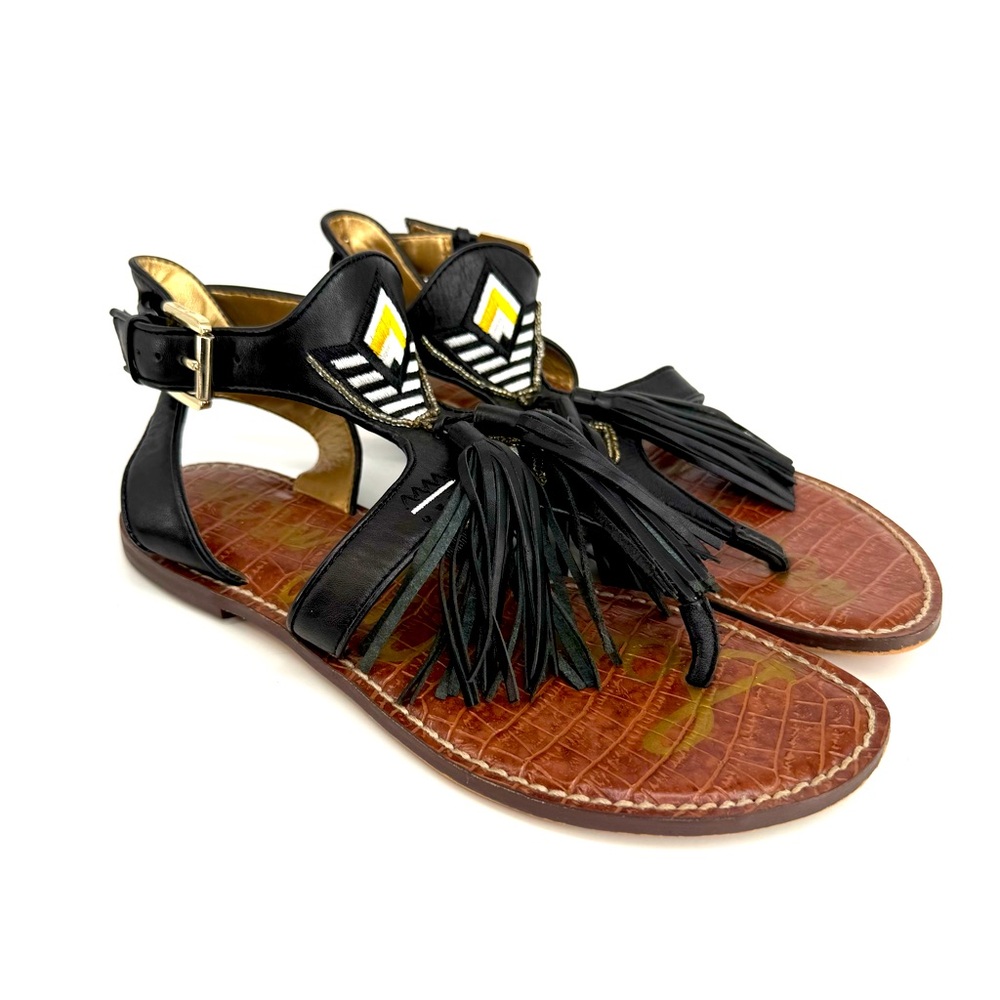 Sam Edelman Black Giblin Fringe Tassel Beaded Embroidered Boho Sandals